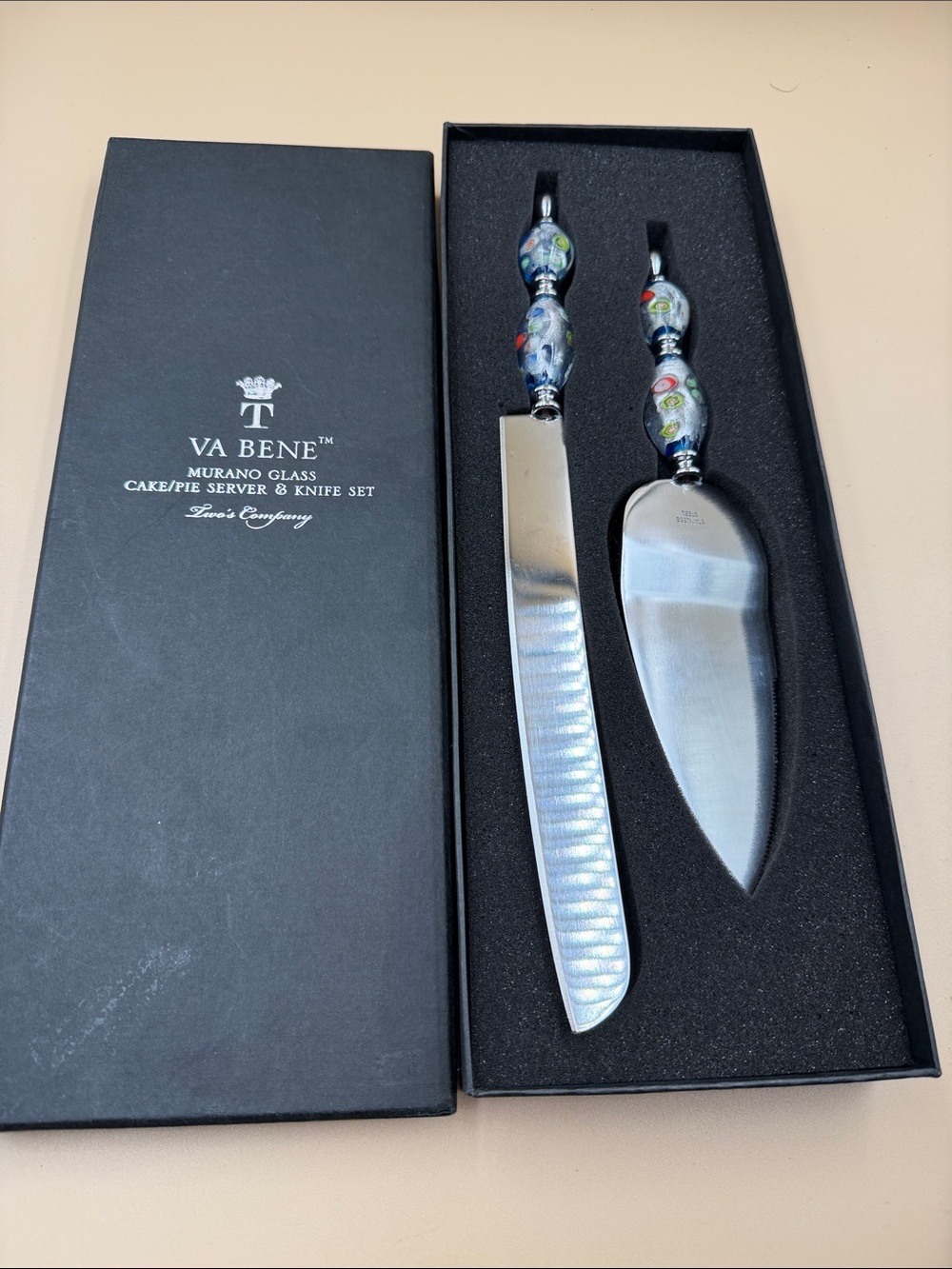Va Bene Murano Glass Cake Server & Knife Set - Multicolor Handles